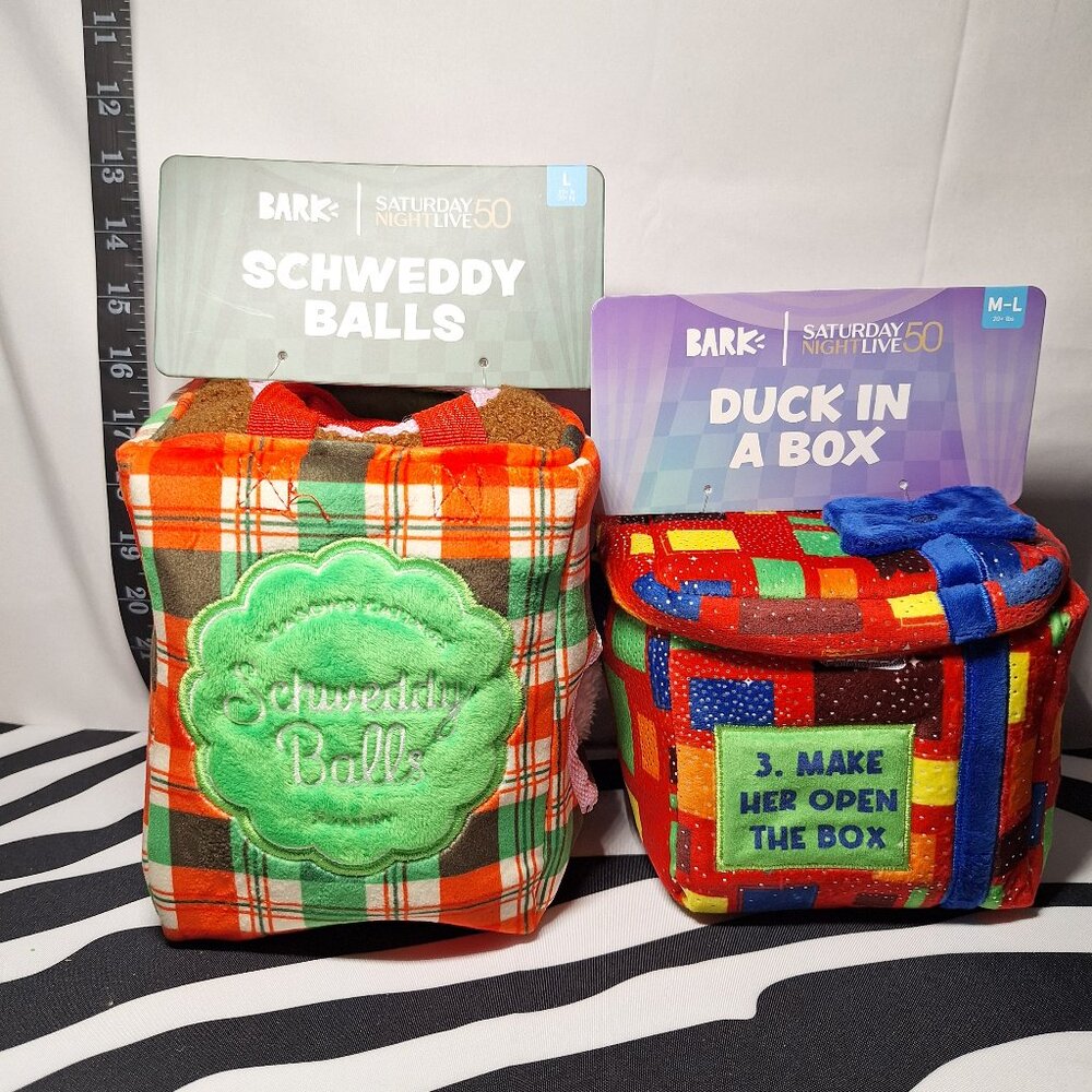 NWT Bark Sat Night Live 50 Schweddy Balls Dog Toy L & Duck in a Box Dog Toy M-L
